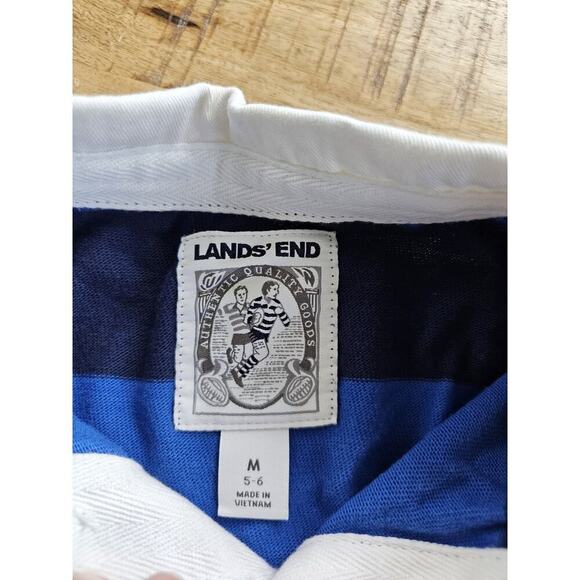 LANDS' END Boys Henley Blue Stripe Knit Size 5/6 Blue White Collar - Picture 2 of 5